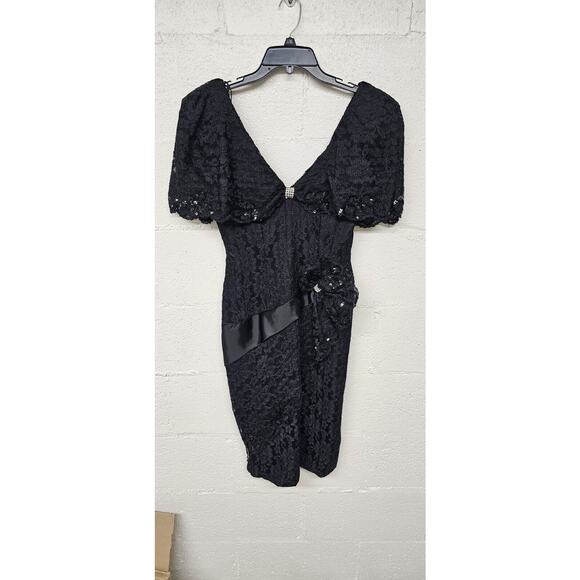 Cache Dresses & Skirts - Vintage Cache Sequin Midi Prom Cocktail Dress Size 8 Bodycon Lace Overlay Black